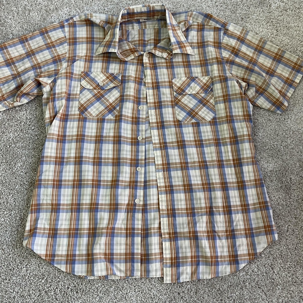 Vintage Kingsport Shirt Mens Large Blue Plaid Short Sleeve Button Up Casual